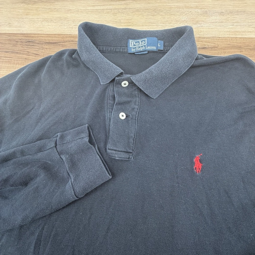 Ralph Lauren Polo Shirt Mens Large Black‎ Long Sleeve Pony Solid Cotton Vintage